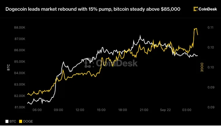 Dogecoin Surges 15% as Short‑Squeeze Fuels Broad Crypto Rebound, Bitcoin Holds $85K