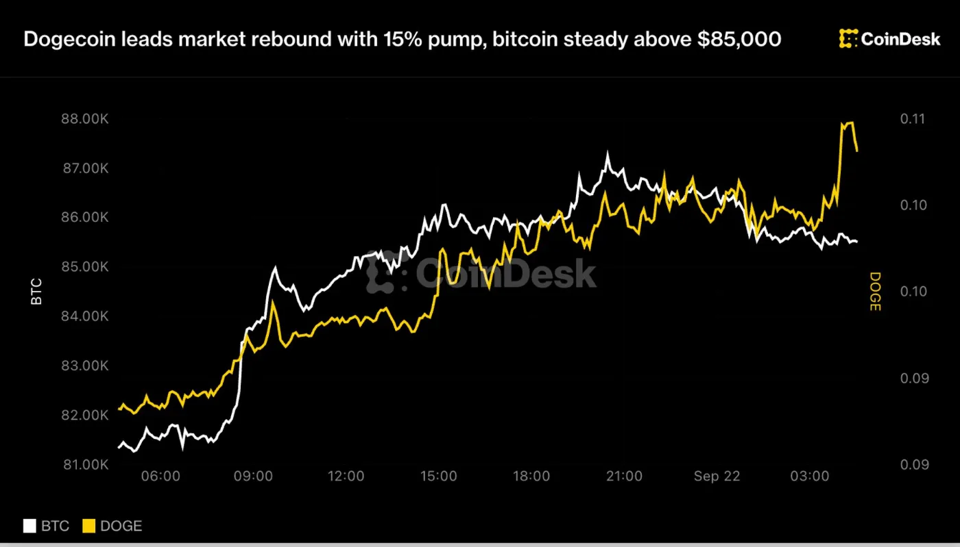 Dogecoin Surges 15% as Short‑Squeeze Fuels Broad Crypto Rebound, Bitcoin Holds $85K